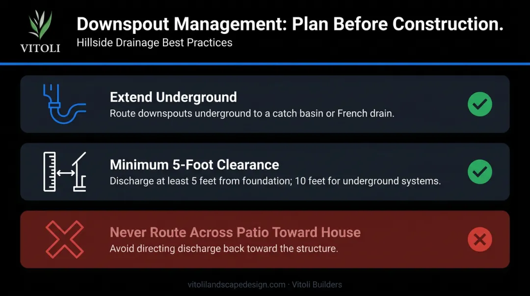 Three downspout drainage best practices to protect patio and foundation from water damage