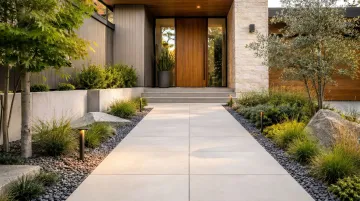 Outdoor porcelain paver walkway on modern home with textured slip-resistant finish