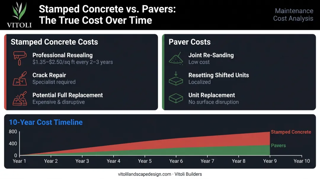 10-year cost of ownership comparison paver patio versus stamped concrete recurring costs