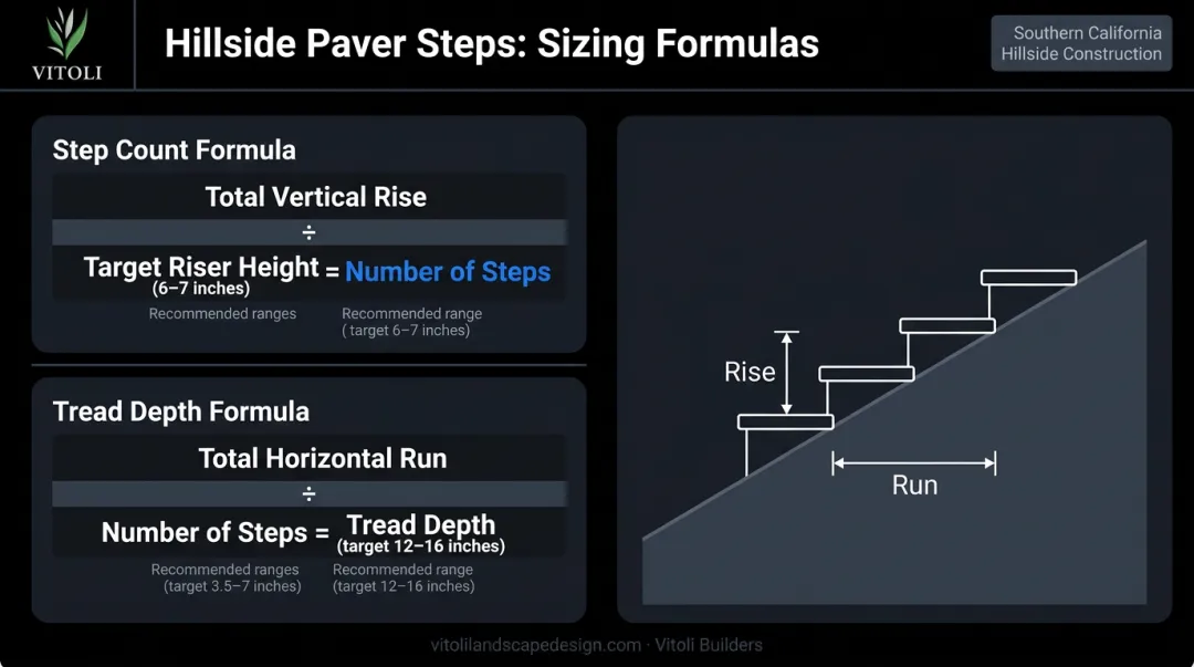 Hillside paver step count and tread depth calculation formula infographic