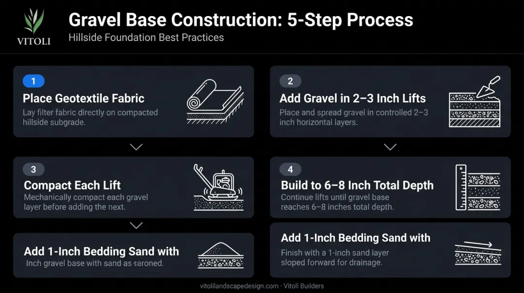 5-step hillside paver gravel base installation sequence process flow diagram