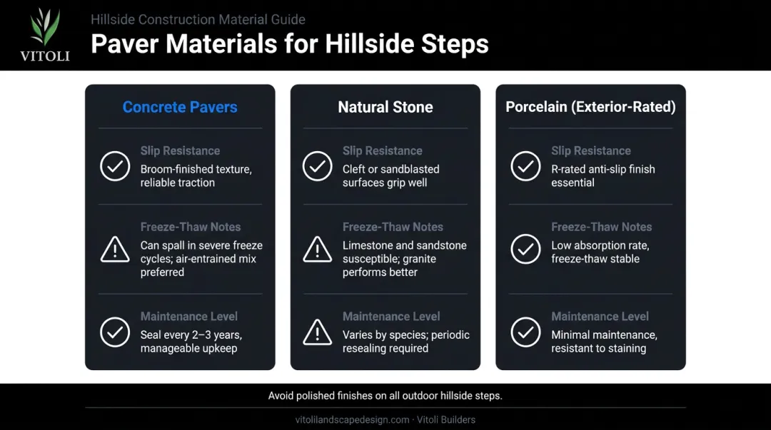 Concrete natural stone and porcelain paver material comparison chart for hillside steps