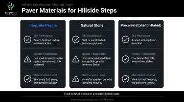 Concrete natural stone and porcelain paver material comparison chart for hillside steps