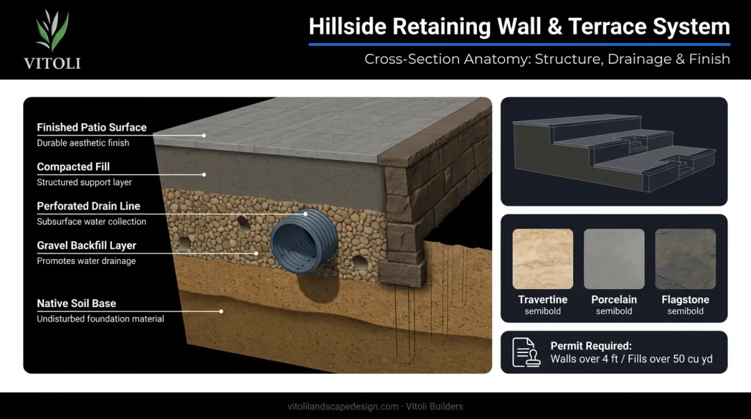 Tiered hillside terrace construction layers showing drainage and retaining wall anatomy