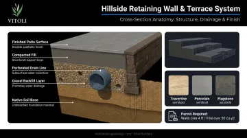 Tiered hillside terrace construction layers showing drainage and retaining wall anatomy