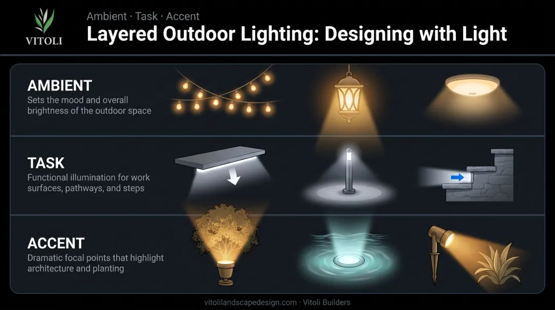 Three-layer outdoor lighting system ambient task and accent levels diagram