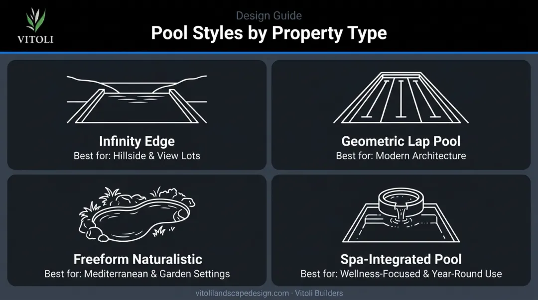 Four luxury pool styles matched to Southern California hillside property types comparison chart