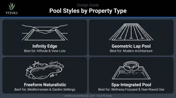 Four luxury pool styles matched to Southern California hillside property types comparison chart
