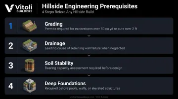 Four-step hillside outdoor construction engineering sequence from grading to foundations