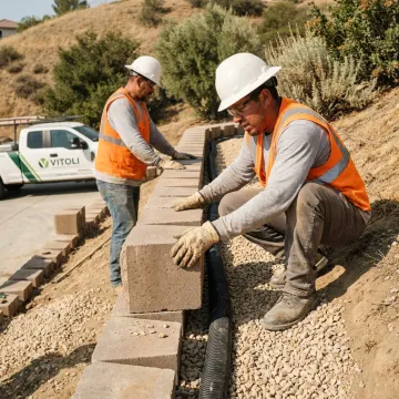 Crew building an engineered retaining wall on a hillside property