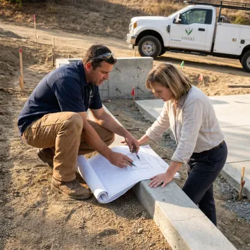 Design-build team reviewing hillside construction plans