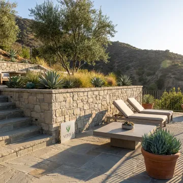 Los Angeles hillside patio with stone hardscaping