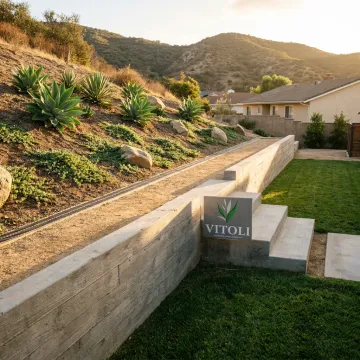 Engineered hillside landscape with retaining walls and terraces