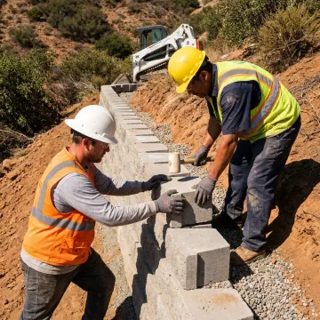 Crew constructing a hillside retaining wall