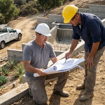 Contractors reviewing outdoor living plans on a hillside property