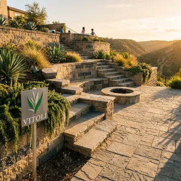 Terraced patio with pavers and firepit