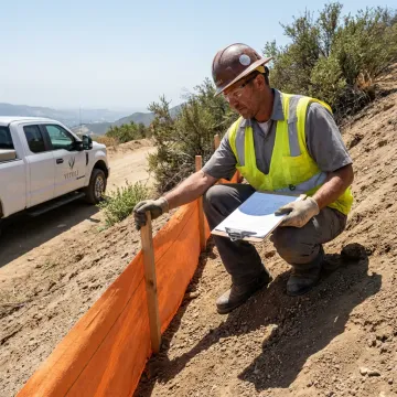 Contractor inspecting erosion control barriers on a hillside