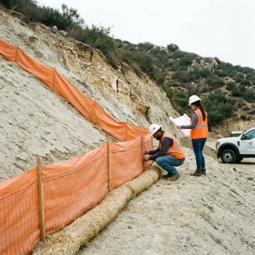 Silt fence erosion control on a hillside construction site
