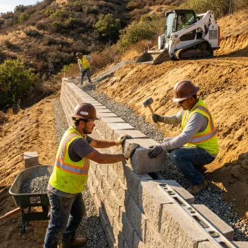 Contractors building a retaining wall on a hillside property