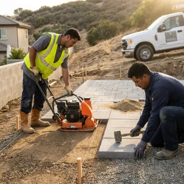 Crew preparing a base for paving stone installation