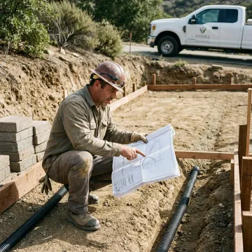 Contractor reviewing pool hardscape plans on site