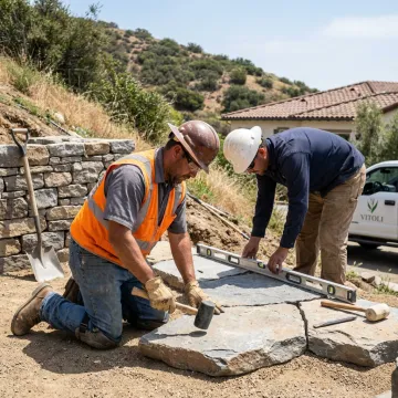 Professional hardscape installation contractors building an outdoor patio