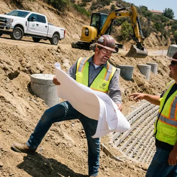 Contractor reviewing hillside construction plans on site