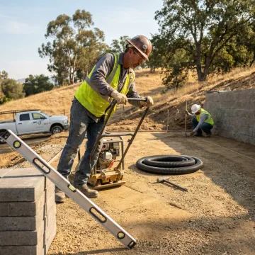 Contractor preparing base for paver installation