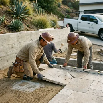 Contractors installing a natural stone patio