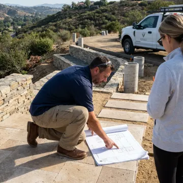 Contractor reviewing hillside pool and patio plans
