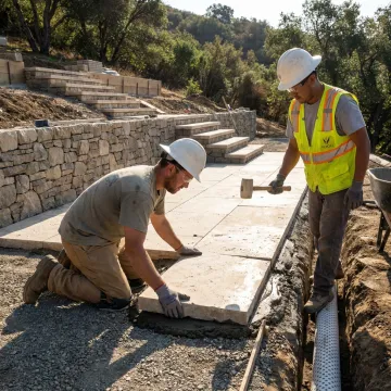 Hardscape crew installing stone patio and steps