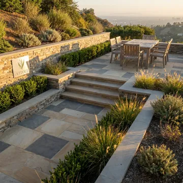 Brentwood hillside hardscape patio with retaining walls