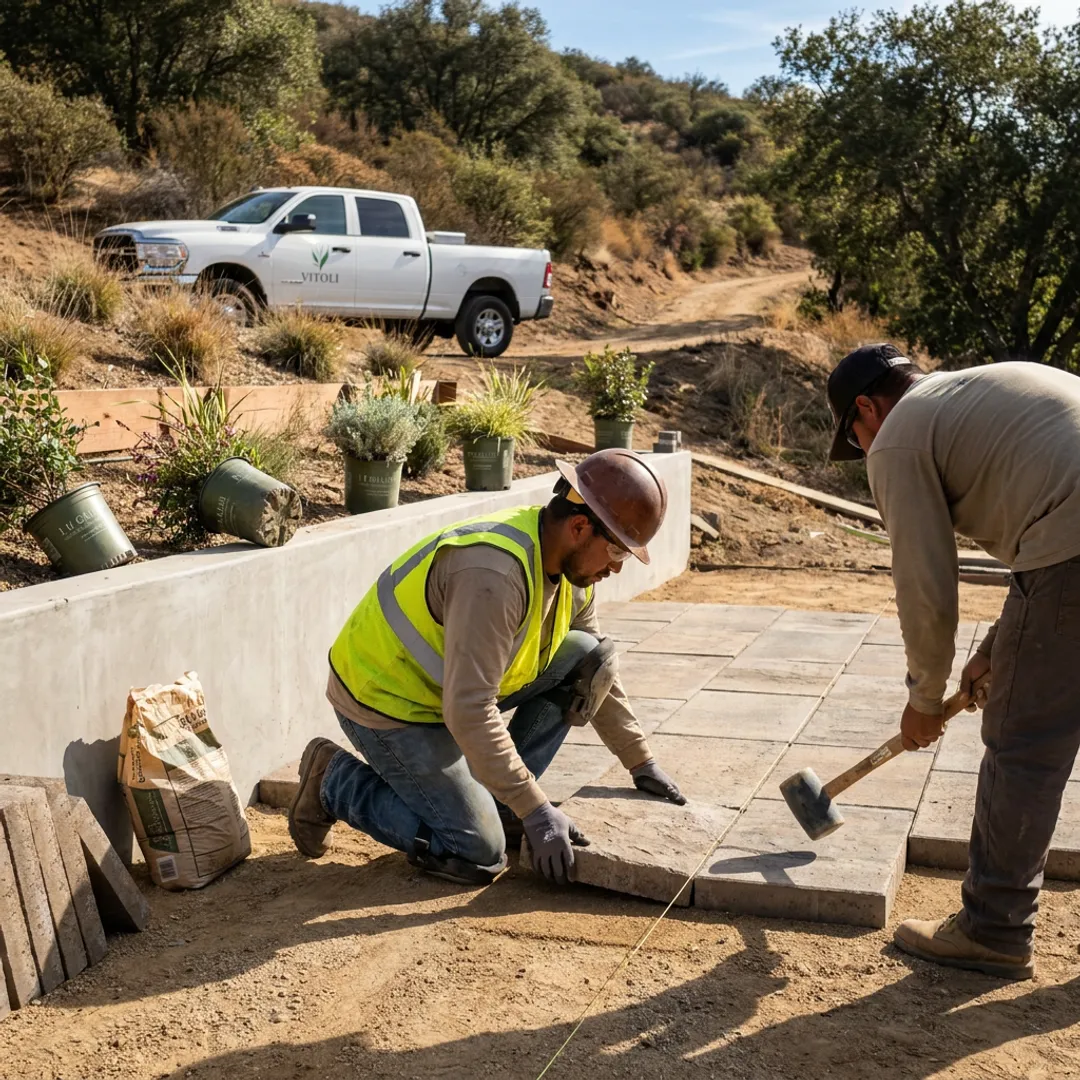 Crew installing paver walkway