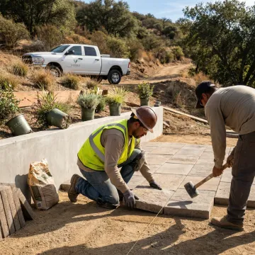Crew installing paver walkway