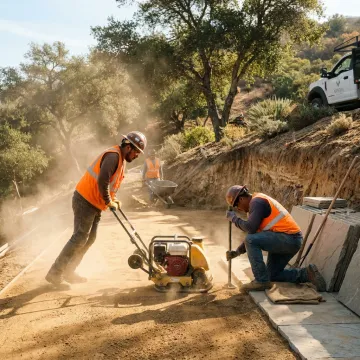 Patio installation crew preparing a hardscape base