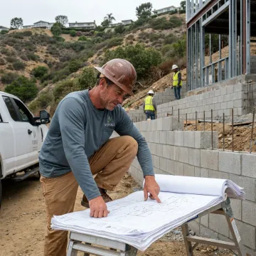 Contractor reviewing outdoor living plans at a hillside backyard
