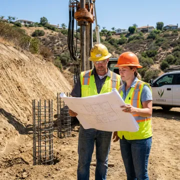 Contractors reviewing foundation plans at a jobsite