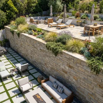 Engineered retaining wall on a hillside landscape