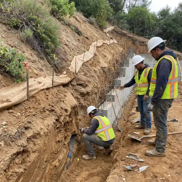 Crew inspecting a steep hillside for slope stabilization