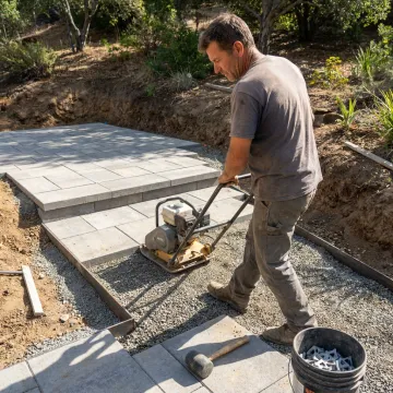 Contractor installing pavers for a backyard patio