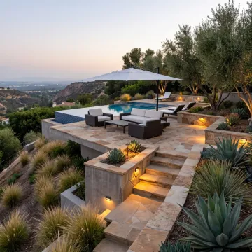 Luxury hillside outdoor living space with terraces