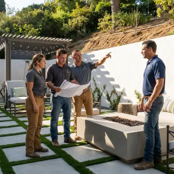 Outdoor living design-build planning on hillside property