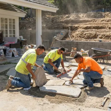 Crew building a hillside patio in Los Angeles