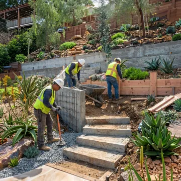 Retaining wall construction on a hillside property