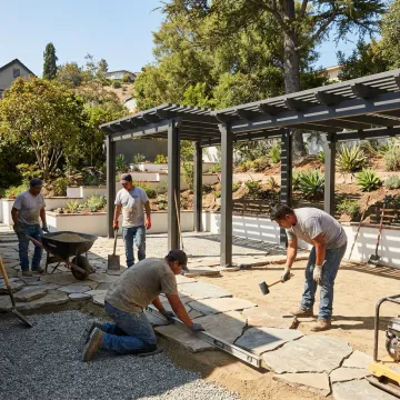 Hardscape crew installing a backyard patio