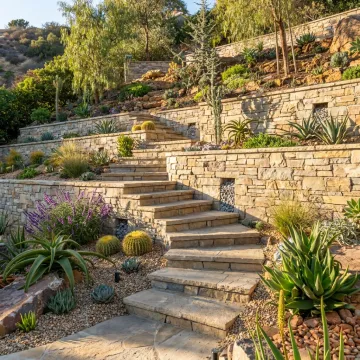 Custom retaining wall on a landscaped hillside property