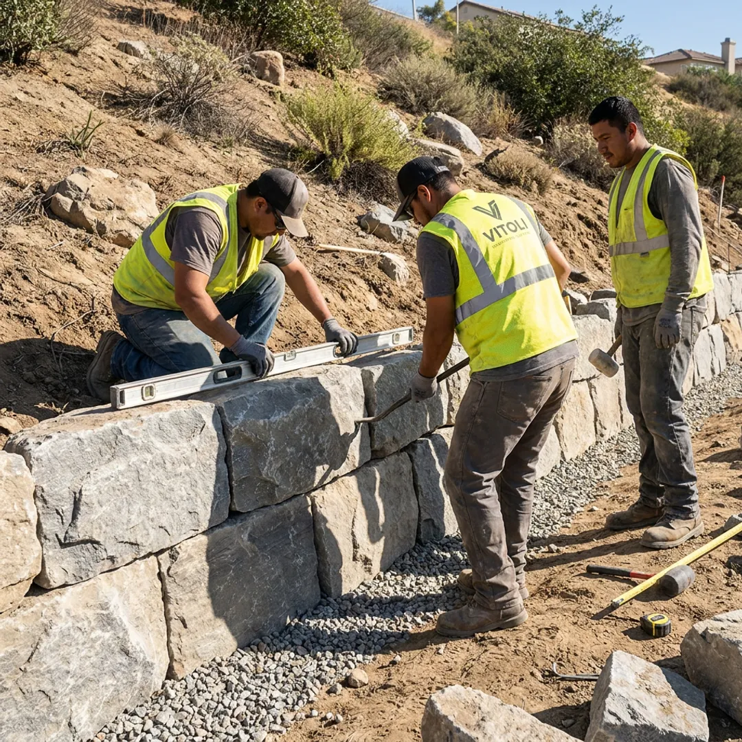 Crew building a retaining wall on a landscaped slope