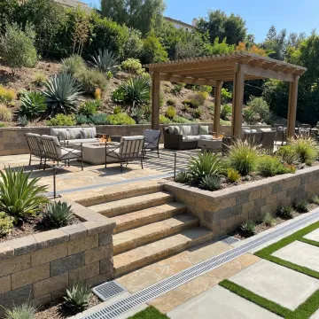 Engineered hillside hardscape patio with retaining walls