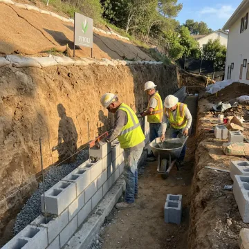 Crew building a hillside retaining wall