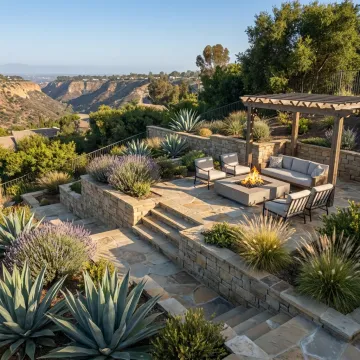 Luxury hillside hardscape with retaining walls and patio